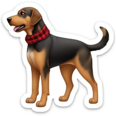 adult 75% Coonhound 25% German Shepherd mix dog with visible tail wearing small pointed red buffalo plaid bandana full body walking left quickly sticker