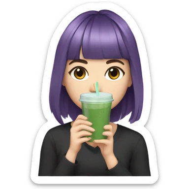  one white girl with eyeliner, mid length hair wavy, purple hair, bangs, holding iced matcha, dark shirt sticker