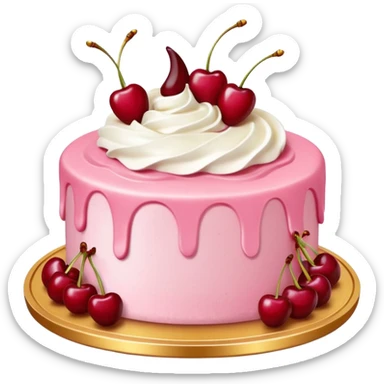 Round pink frosted cake with textured buttercream sides, placed on a gold cake board.
White whipped cream swirls on top, each topped with glossy red cherries with stems, clean studio lighting, isolated background, realistic minimal smooth emoji-style. sticker