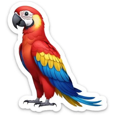 cinematic-macaw-realistic-full-body-standing-emoji,-vibrant-feathers-glowing-with-rich-reds,-blues,-and-yellows,-head-tilted-dramatically,-curved white-beak-gleaming,-piercing-dark-eyes-exuding-confidence,-simplified-yet-realistic-focused sticker
