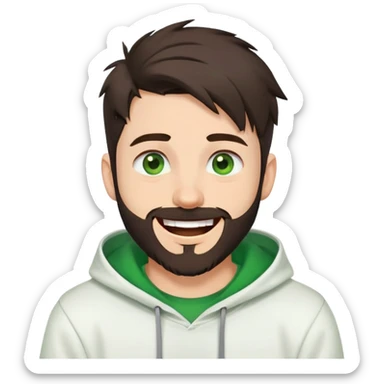 laughing guy with white hoodie, green t-shirt underneath, green eyes, dark brown undercut hairstyle and a short full beard sticker