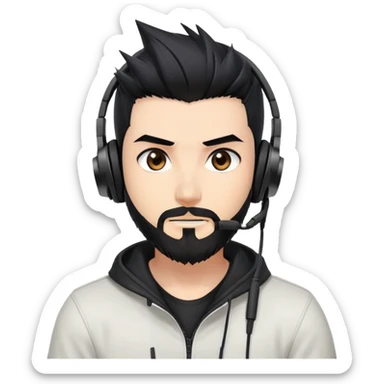 Highly detailed anime-style man with spiky black hair, expressive brown eyes, neat black beard, wearing professional gaming headphones, sharp facial features, anime shading and highlights sticker