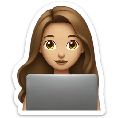 A girl with long brown hair holds a laptop sticker