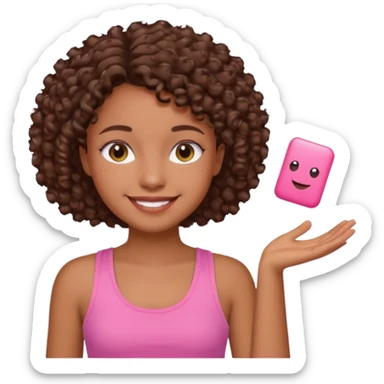 Uma menina com o cabelo cacheado curto é morena, e com uma regata rosa sticker