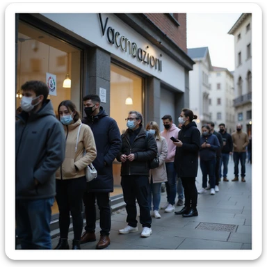 photo-realistic documentary style, diverse group of people in line outside a modern vaccination center, some masked, some talking quietly, clear 'Vaccinazioni' sign, urban setting, soft daylight, 4K resolution sticker
