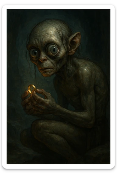 Gollum with large eyes, hunched, holding a ring, stylized fantasy art sticker