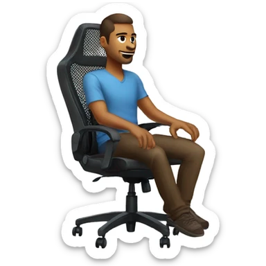 Man sitting in mesh gaming chair with gaming setup sticker