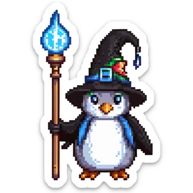 penguin wizard with a pointy hat and magic staff sticker