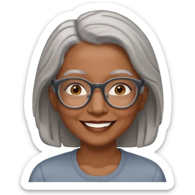 Older woman of color with gray shoulder length  hair and glasses and smiling sticker