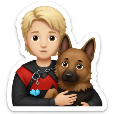 Blonde long hair boy hugging German shepherd  sticker