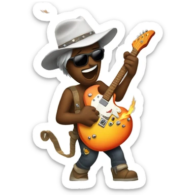 a burning man playing an electric guitar sticker
