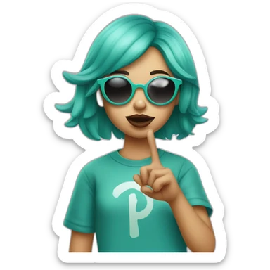 teal haired girl in sunglasses pursing lips and holding up two fingers in peace sign sticker