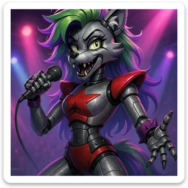 FNAF Security Breach's Roxanne Wolf, depicted as a robotic wolf with a rockstar look, green hair, and purple highlights sticker