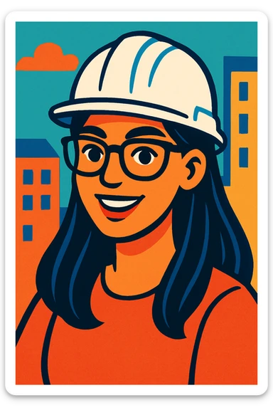 A woman with long, straight black hair, wearing glasses and a white architect's helmet sticker