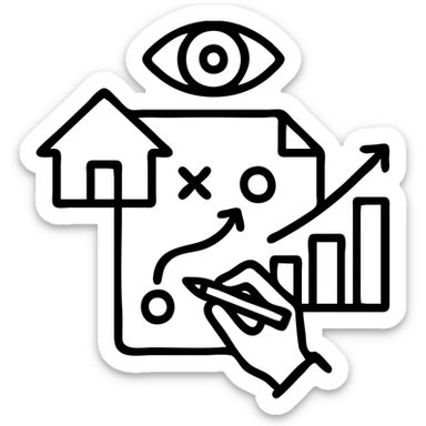 Ícono de real estate que refleje que trabajamos con una estrategia personalizada con visión de ROI y que nuestro método de trabajo nos permite ayudarte a tomar decisiones basadas en datos, rentabilidad y lifestyle. sticker