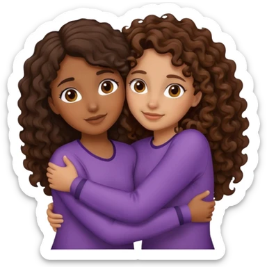 two girls hugging. they have brown skin tone. one has curly dark brown hair. one has medium brown wavy hair.  sticker