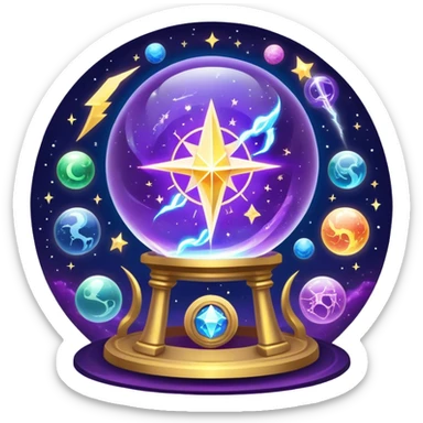 A mystical, glowing crystal ball with swirling sparkles and lightning bolts inside, with tarot cards spread out on the table around the ball, surrounded by zodiac signs and planets floating in space. Use bright purples, blues, and golds to create a magical, mysterious vibe. transparent background.  sticker