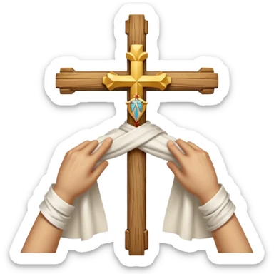 Cross made of wood, the top of the tip of the cross, a golden cross, and a white cloth hanging over the two arms of the cross sticker