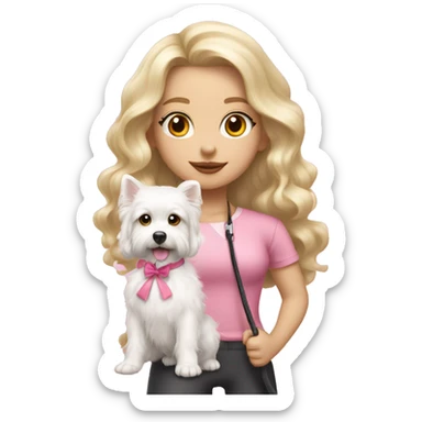 blonde girl with long wavy hair and soft pink lips taking a little fluffy white dog for a walk with a pink bow and leash  sticker