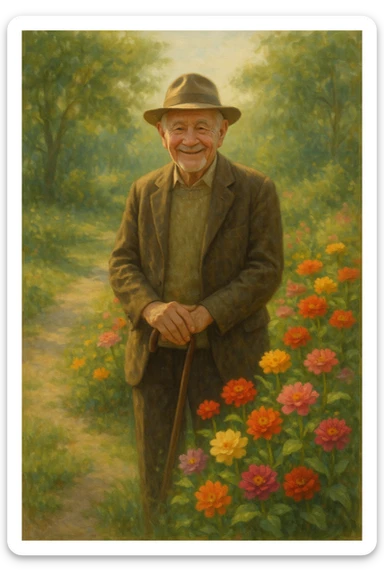 old man with a cane, smiling, wearing a hat, standing near flowers, peaceful atmosphere sticker