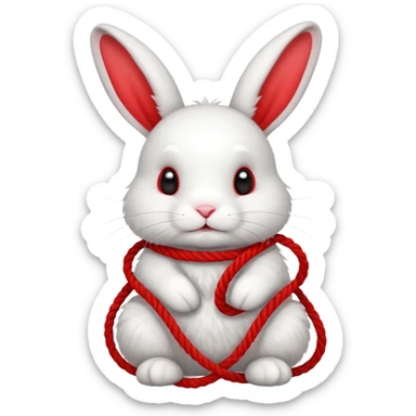 White realistic bunny with red rope tangled around sticker