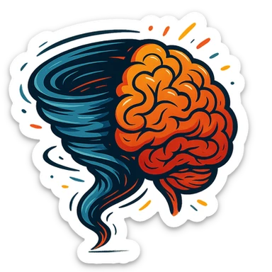A creative icon combining a tornado and a human brain, symbolizing brainstorming or a brainstormer, in a visually striking and imaginative style. sticker