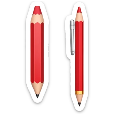 A red pencil in front of a small paper with minimal writing on it sticker