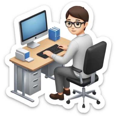 isometric, image of someone sitting at a computer desk sticker