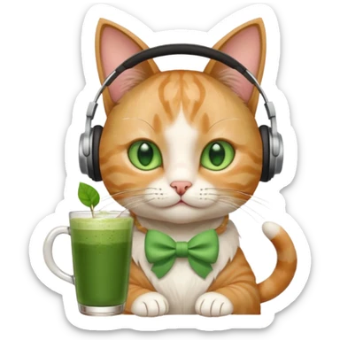 A cat wearing headphones with a glass of matcha, a bow on his ear sticker