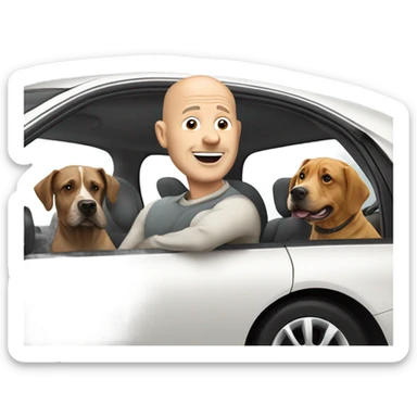 A bald man in his 50s driving a Prius filled with a bunch of dogs sticking their heads out of the windows sticker