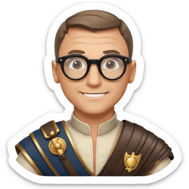 James Bond, wearing gladiator cloth, big round glassed sticker