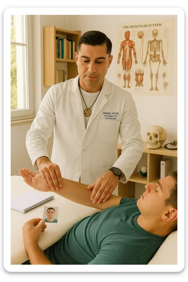 a middle-aged man, dressed in casual professional attire, is in a bright, organized therapy studio. Durante una visita di kinesiologia, il praticante tiene con una mano la foto di una persona lontana (il “testimone”) appoggiata su un tavolo, mentre con l’altra mano esegue un test muscolare su un cliente presente. Sullo sfondo si vedono libri di kinesiologia, poster anatomici e strumenti tipici della disciplina. L’atmosfera è concentrata e serena, con luce naturale che entra dalla finestra, sottolineando l’aspetto alternativo e umano della pratica. sticker