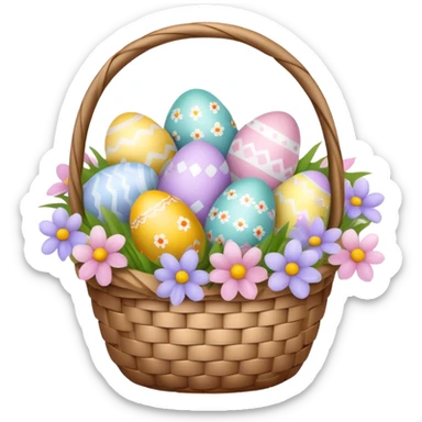 Easter basket filled with decorated eggs and spring flowers sticker