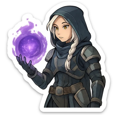 1 female, white hair long braid, gold yellow eyes, no helmet, a novice warlock from Destiny 2 armor, charging a void grenade in her hand sticker