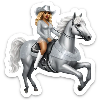 beyoncé in a silver crystal outfit wearing a silver crystal cowboy hat riding a silver shimmery horse sticker