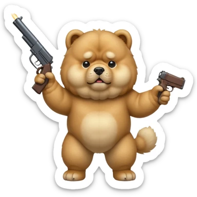 Funny cartoon-style chow chow dog with light fur standing on its hind legs and holding a gun menacingly sticker