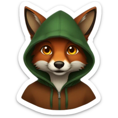 a small dark brown fox with orange eyes with a dark green hood that smile sticker