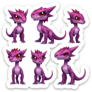Chibi-Anthro Mauve-maroon-red-violet-colored edgy anthro-genesect-velociraptor-scalie-sona-Fakémon-hybrid with a mane on head and back and horns full body sticker