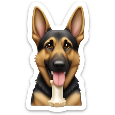 German shepherd sitting with bone in mouth sticker