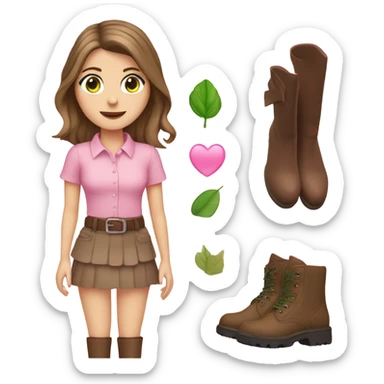 White girl with brown hair and green eyes, wearing a pink shirt and pink skirt and boots ￼ sticker