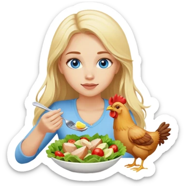 blonde girl with long hair and blue eyes eats salad and eats chicken sticker