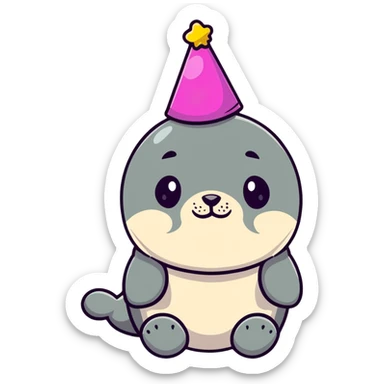 A cute seal wearing a colorful party hat, similar to a sustainable fuel plant logo sticker