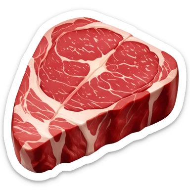 A raw steak with a deep red, fresh color and visible marbling of white fat. The surface is moist and smooth, slightly glossy, with natural muscle texture. The shape is thick and rounded, resembling a fresh cut of beef ready to be cooked sticker