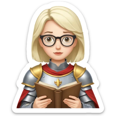 Female knight reading scroll, wearing glasses — curious expression. sticker