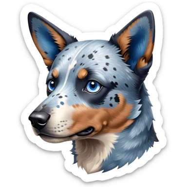 Cinematic Noble Blue Speckle Australian Cattle Dog Portrait Emoji, Poised and regal, with a robust, athletic build and a striking blue speckle Fur, piercing blue eyes, Simplified yet sharp and sophisticated features, highly detailed, glowing with a cool, dignified glow, high shine, intelligent and hardworking, stylized with an air of precision, focused and attentive, soft glowing outline, capturing the essence of a watchful and determined herder, so majestic it feels as though it could leap out of the screen with effortless authority! sticker