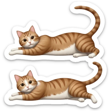 brown tabby and white cat with doing a big extremely long stretch reaching up into the air with arms and legs side by side together straight and overextended whilst lying on its side sticker