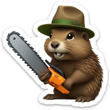 Woodchuck with dreadlocks and a hat holding a chain saw sticker