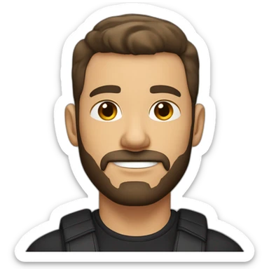 White man with slight sun kissed tan, dark brown eyes and undercut fade hairstyle. He has beard stubble and mustache trimmed. Black clothing, hair styled sideways backwards. sticker