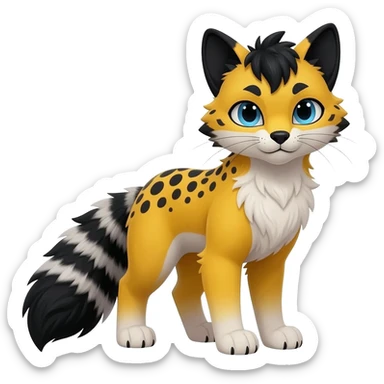 Edgy cool beautiful elegant spotted hype-realistic, black-maned, vibrant yellow Genet-Serval-Sergal-Margay-Fox-fusion-hybrid-furry-fursona, black scruffy mane on back, long muzzle snout, full body, with a long puffy fluffy black-and-white-striped tail, black long big ears, with natural blue eyes sticker