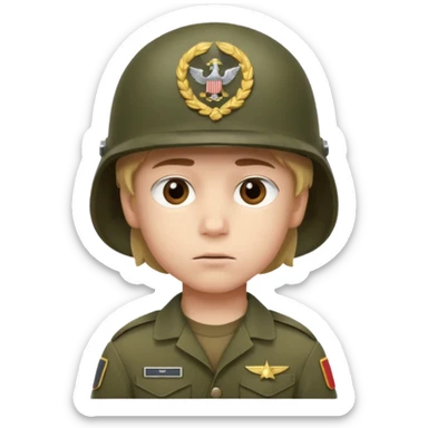 a young boy wearing a military helmet sticker